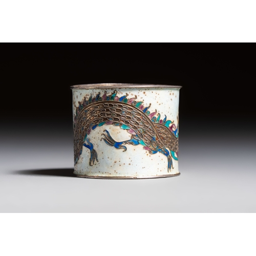 298 - A Chinese enamelled silver 'Dragon' napkin ring, a pair of silver buckles and a pair of cloisonné bu... 