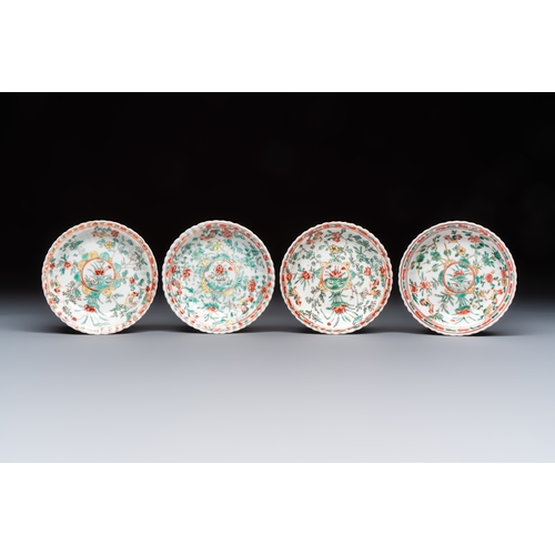 26 - Four Chinese famille verte cups and seven saucers, 19th C.Dia.: 12,5 cm (the saucers)Dia.: 7,9 cm - ... 