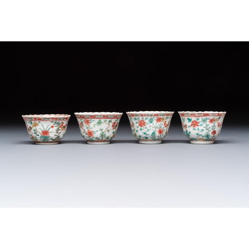 26 - Four Chinese famille verte cups and seven saucers, 19th C.Dia.: 12,5 cm (the saucers)Dia.: 7,9 cm - ... 