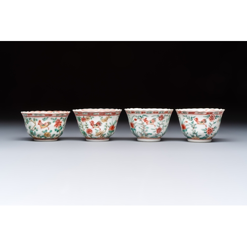 26 - Four Chinese famille verte cups and seven saucers, 19th C.Dia.: 12,5 cm (the saucers)Dia.: 7,9 cm - ... 