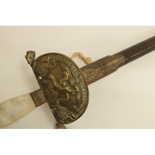 169 - 19th Century Court Sword with Mother of Pearl Handle & Leather Scabbard. Blade 26