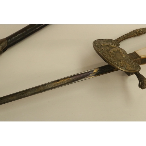 169 - 19th Century Court Sword with Mother of Pearl Handle & Leather Scabbard. Blade 26