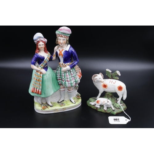 1 - A pair of 19th Century Royal Staffordshire figurines, 1 x Ram and 1 x Scottish Flatback, both figure... 