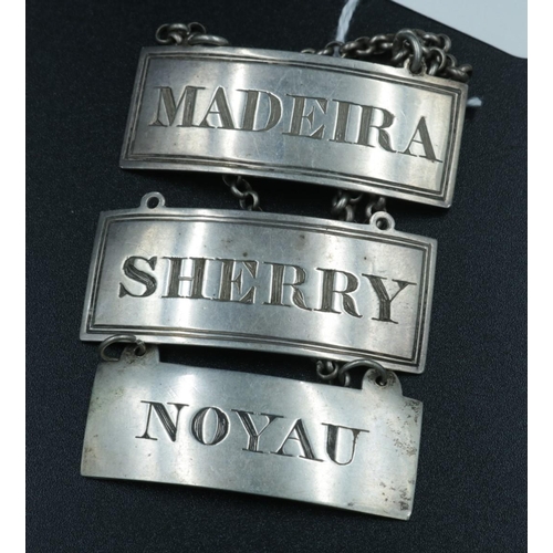 10 - A collection of 5 silver decanter labels including : Noyau - Makers Mark only (rubbed) chain AF Sher... 