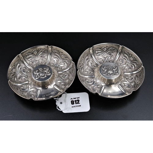 12 - Pair of Silver Scalloped dishes with the motto 