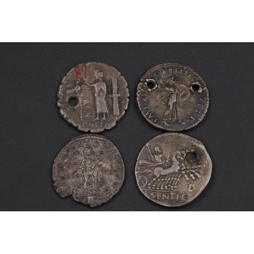 128 - Roman Silver Denarii Republican x2 & Demition & Elagabalus Coins, 3 of which are pierced.