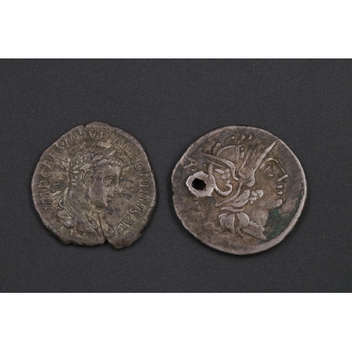 128 - Roman Silver Denarii Republican x2 & Demition & Elagabalus Coins, 3 of which are pierced.