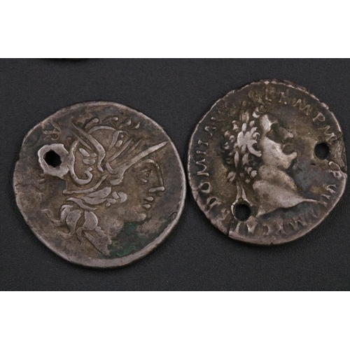 128 - Roman Silver Denarii Republican x2 & Demition & Elagabalus Coins, 3 of which are pierced.