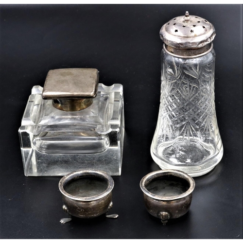 13 - Silver & Glass Inkwell (Large) - Birmingham 1922 (Lid A/F) - Silver Topped Sugar Sifter A/F and 2 x ... 