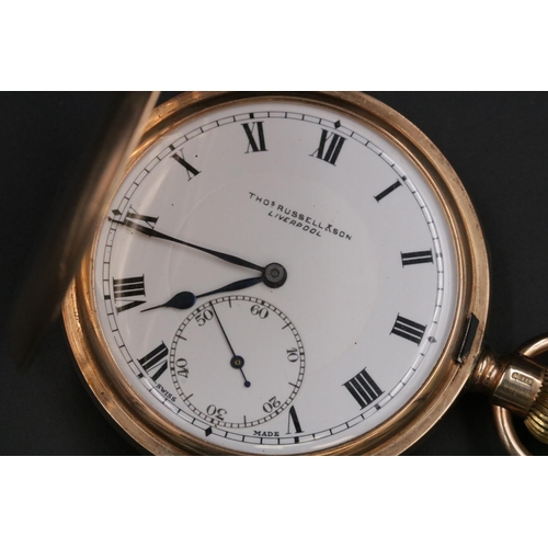 136 - 9CT Gold Pocket Watch Full Hunter by Thomas Russell in beautiful working condition, no dents, imperf... 