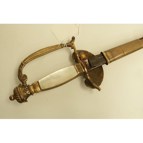 165 - 18th Century Court Sword with Mother of Pearl Hilt in Leather Scabbard. The blue & gilt blade is in ... 