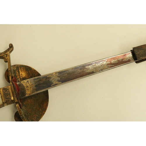 165 - 18th Century Court Sword with Mother of Pearl Hilt in Leather Scabbard. The blue & gilt blade is in ... 