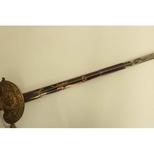 165 - 18th Century Court Sword with Mother of Pearl Hilt in Leather Scabbard. The blue & gilt blade is in ... 