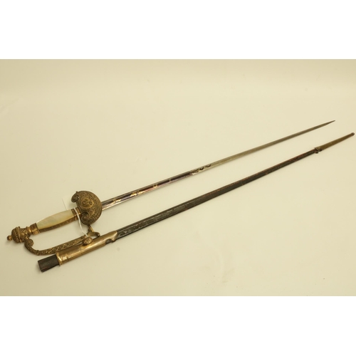 165 - 18th Century Court Sword with Mother of Pearl Hilt in Leather Scabbard. The blue & gilt blade is in ... 