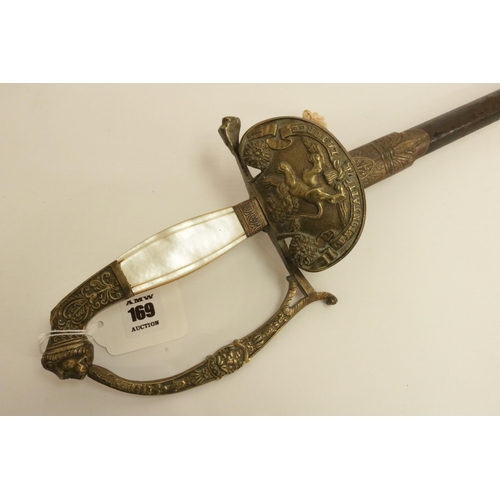 169 - 19th Century Court Sword with Mother of Pearl Handle & Leather Scabbard. Blade 26