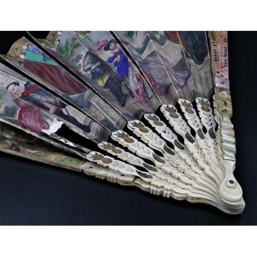 17 - Antique Handpainted Dutch Fan Circa 1740. Depicting a period family on one side and Military men wit... 