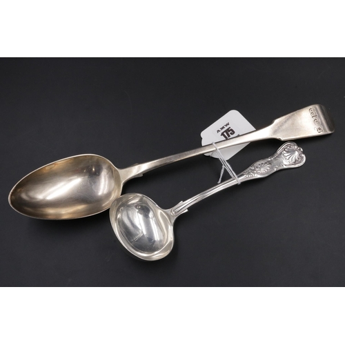 175 - A large Silver Basting Spoon London 1814 & lSilver Sauce Ladle Dated 1905 - 250 grams weight.