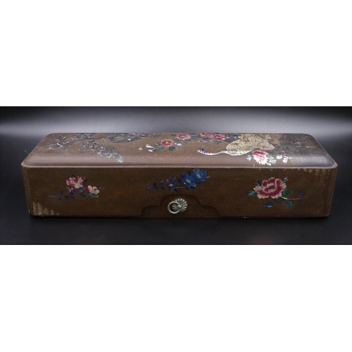 18 - Antique Lacquered Japanese Document Box with decoration of flowers and a pair of cranes