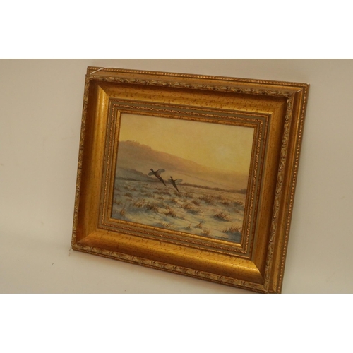 185 - Oil on Board Signed by the Artist Berrisford Hill - 2 Pheasants in fight size including frame 15.5