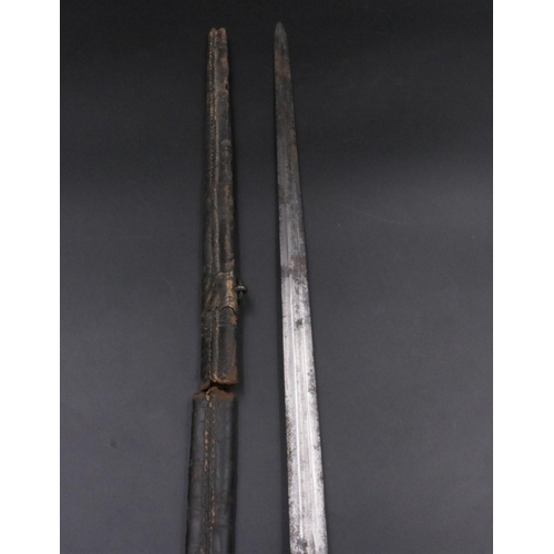 168 - 18th Century Naval Dirk with Leather Scabbard & Bone Handle. Leather Scabbard A/F, broken cross piec... 