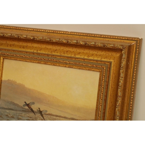 185 - Oil on Board Signed by the Artist Berrisford Hill - 2 Pheasants in fight size including frame 15.5