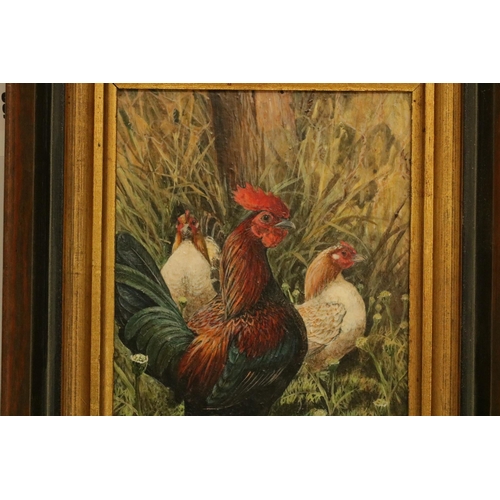 186 - A finely detailed acrylic on board by the artist Ken Turner of chickens, overall size including fram... 