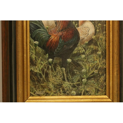 186 - A finely detailed acrylic on board by the artist Ken Turner of chickens, overall size including fram... 