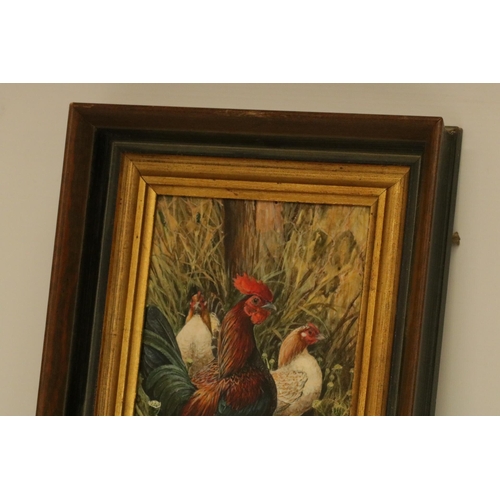 186 - A finely detailed acrylic on board by the artist Ken Turner of chickens, overall size including fram... 