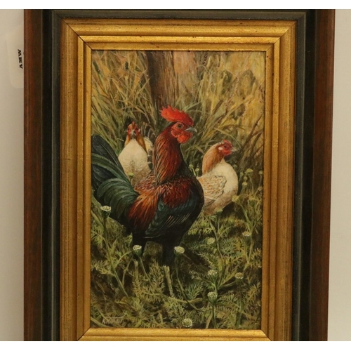 186 - A finely detailed acrylic on board by the artist Ken Turner of chickens, overall size including fram... 