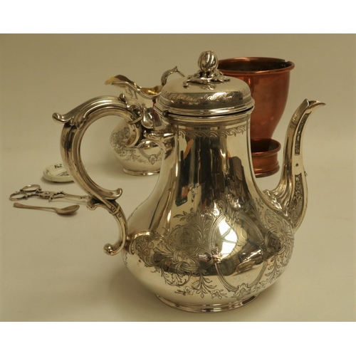 205 - Silver Plated Coffee Pot, Milk Jug, Sugar Bowl & Nips & 2 Other Items