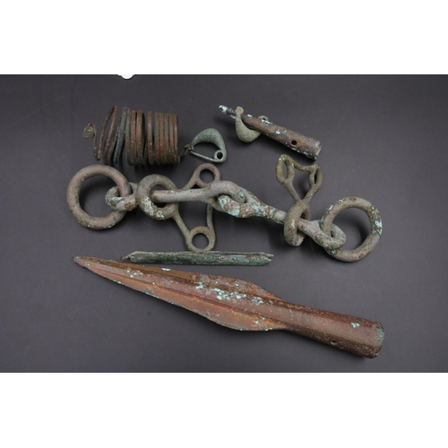 207 - Large amount of Bronze artifacts, including a Villanovan Bronze Spear Head, bracelet and horse buckl... 