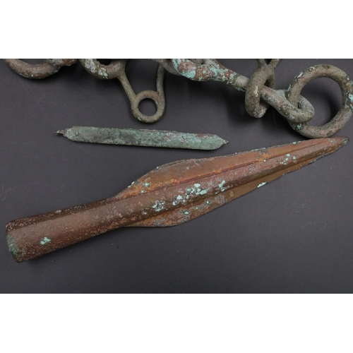 207 - Large amount of Bronze artifacts, including a Villanovan Bronze Spear Head, bracelet and horse buckl... 