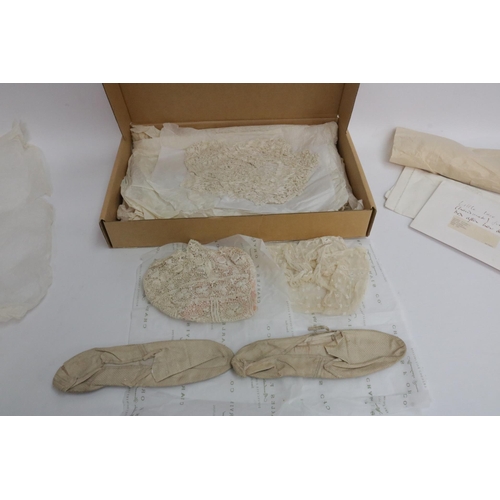 215 - Early 19th Century Lace Items, Bonnets, Slippers etc