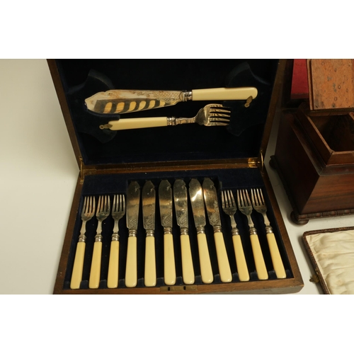 223 - Victorian Sarcophagus Tea Caddy on Bun Feet with 6 Boxed Silver Spoons & boxed plated cutlery.