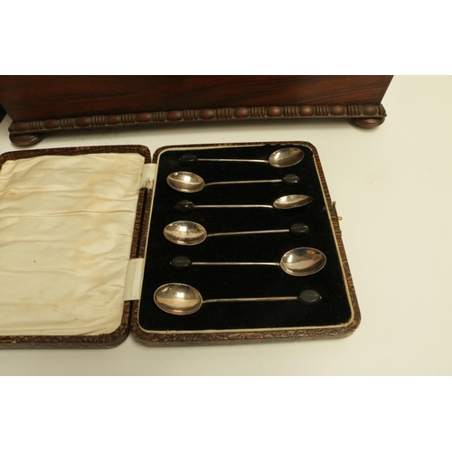 223 - Victorian Sarcophagus Tea Caddy on Bun Feet with 6 Boxed Silver Spoons & boxed plated cutlery.