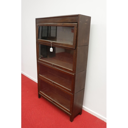 285 - Lovely vintage stacking oak & glass bookcase by Angus, with their motif inside.