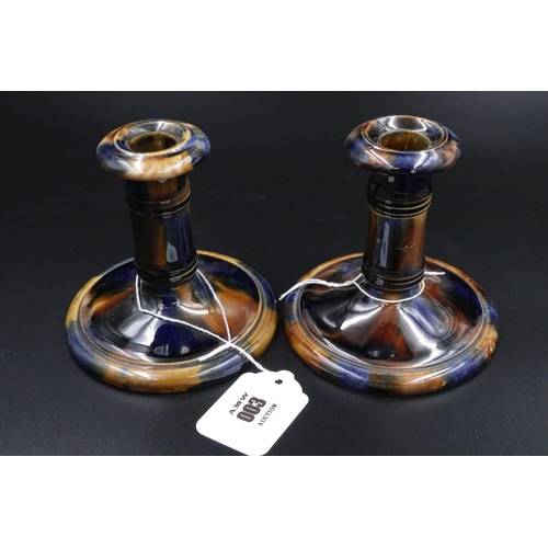 3 - Pair of Treacle Glazed Pottery Candlesticks - the Base is 4 1/2 inhes wide, Height is 4 1/2 inches