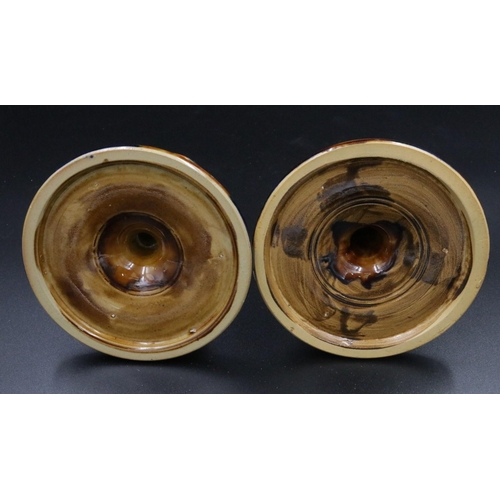 3 - Pair of Treacle Glazed Pottery Candlesticks - the Base is 4 1/2 inhes wide, Height is 4 1/2 inches