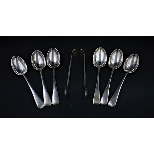 328 - Six Silver Spoons and a set of Tongs in excellent condition, 138 grams.