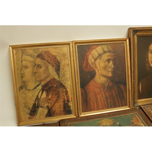 342 - A large collection of renaissance style prints on board in Medici style frames.