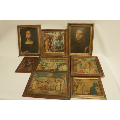 342 - A large collection of renaissance style prints on board in Medici style frames.