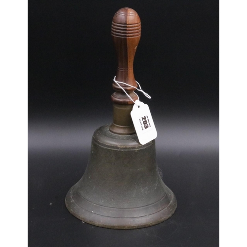 343 - A vintage handheld bell with with wooden handle. (11 inches)