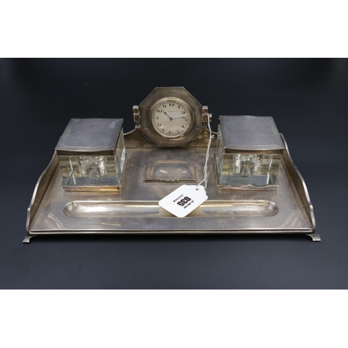 35 - Art Deco Silver Desk Stand with Two Inkwells, Clock & Stamp Box (Mappin & Webb, London Hallmarked)