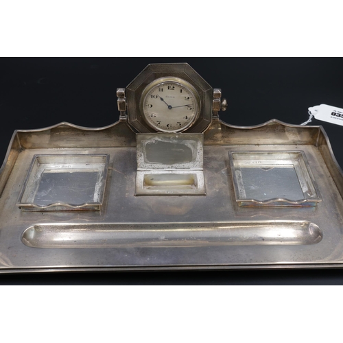 35 - Art Deco Silver Desk Stand with Two Inkwells, Clock & Stamp Box (Mappin & Webb, London Hallmarked)