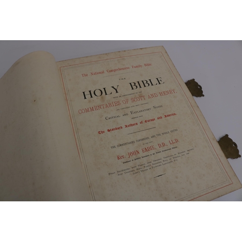 36 - An 1890 Leather and Brass Bible with an abridgement of the commentaries of Scott & Henry. All conden... 