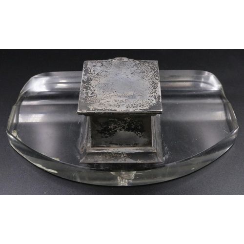 4 - An Art Deco Silver & Glass Ink Stand without liner, marked Birmingham 1920, which is 7.5 inches wide... 