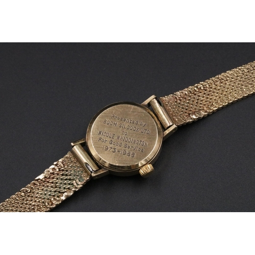 91 - 9CT Gold Garrard Watch Inscribed on the Back for Services between 1973 & 1988 - battery operated, fu... 