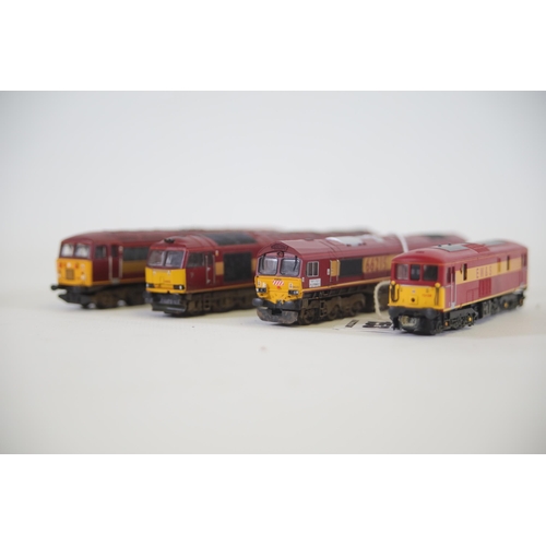 153 - Set of 4 N gauge Locomotives EWS Diesels Red 2 of which hare dapol EW&S 73128 and 66215 the other 2 ... 