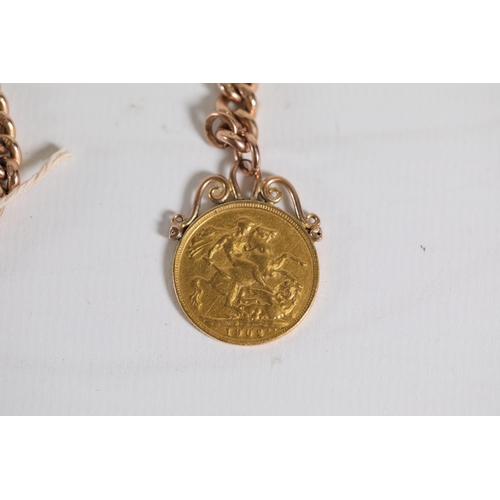 197 - A mounted gold sovereign, 1902. Plus a 9ct rose gold watch chain overall weight 25.19grams