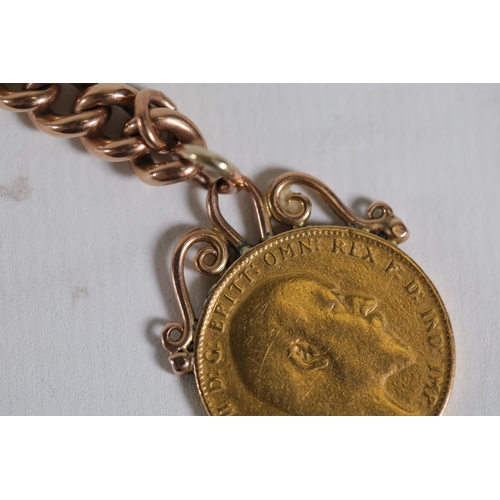 197 - A mounted gold sovereign, 1902. Plus a 9ct rose gold watch chain overall weight 25.19grams